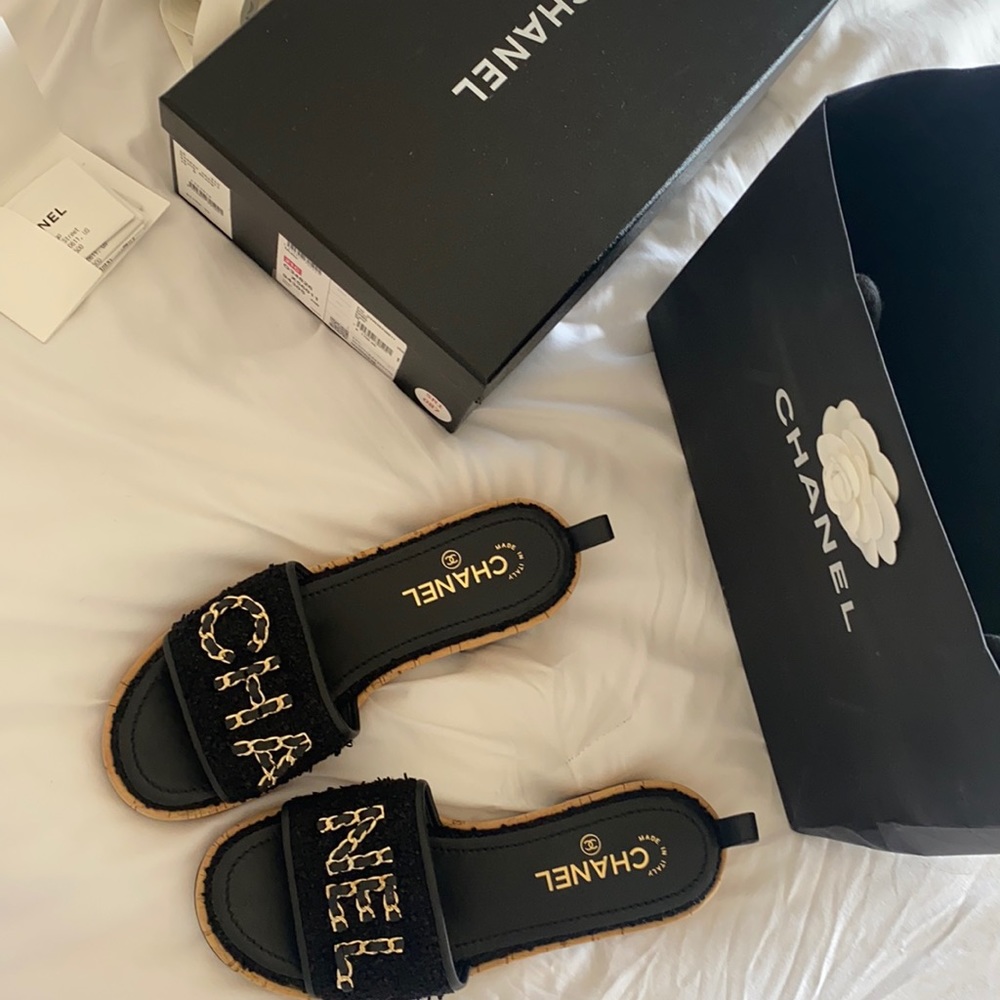 CHANEL Black and Gold Mules